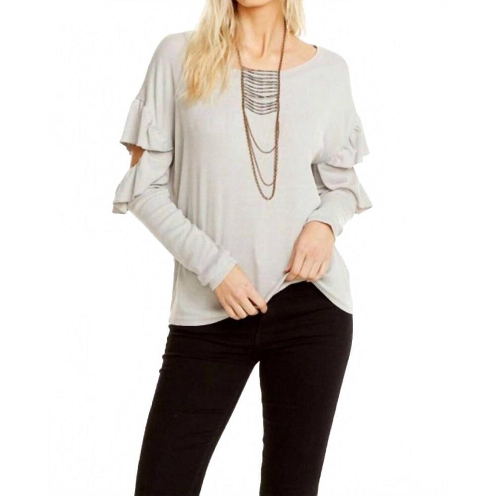 NEW CHASER vintage rib long sleeve vented ruffle dolman top in light grey